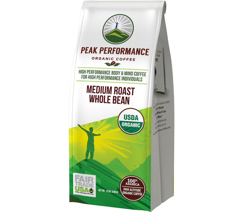 Peak Performance High Altitude Organic Coffee. Fair Trade, Low Acid, Non GMO, and Beans Full Of Antioxidants. Medium Roast Smooth Tasting USDA Certified Organic Whole Bean Coffee Bag - Image 1