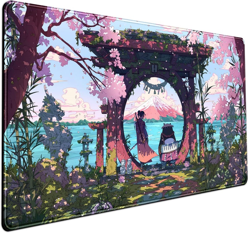 Mechanical Cattle Pink Japan Desk Pad Anime Gaming Green Mouse Pad Large Mouse Pad For Desk Computer Pc Laptop Office Decor For Women, Anime Mouse Keyboard Pad Stitched Edges Non-Slip Rubber Mat Desk Pad (31.5x15.7 In) - Image 1