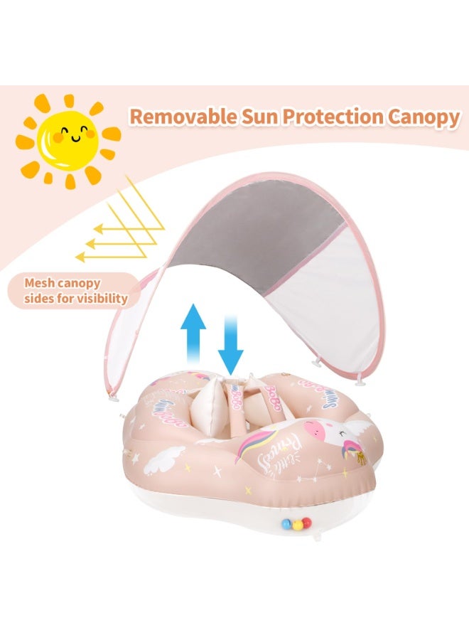 AraHome Free Swimming Baby Infant Pool Float with Sun Canopy Inflatable Baby Swimming Floatie with Sponge Safety Bottom Support Water Toys Swimming Trainer (Pink, Extra Large) - Image 3