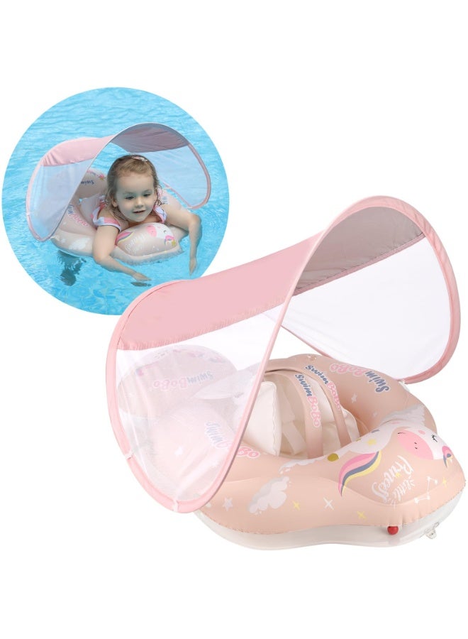 AraHome Free Swimming Baby Infant Pool Float with Sun Canopy Inflatable Baby Swimming Floatie with Sponge Safety Bottom Support Water Toys Swimming Trainer (Pink, Extra Large) - Image 1