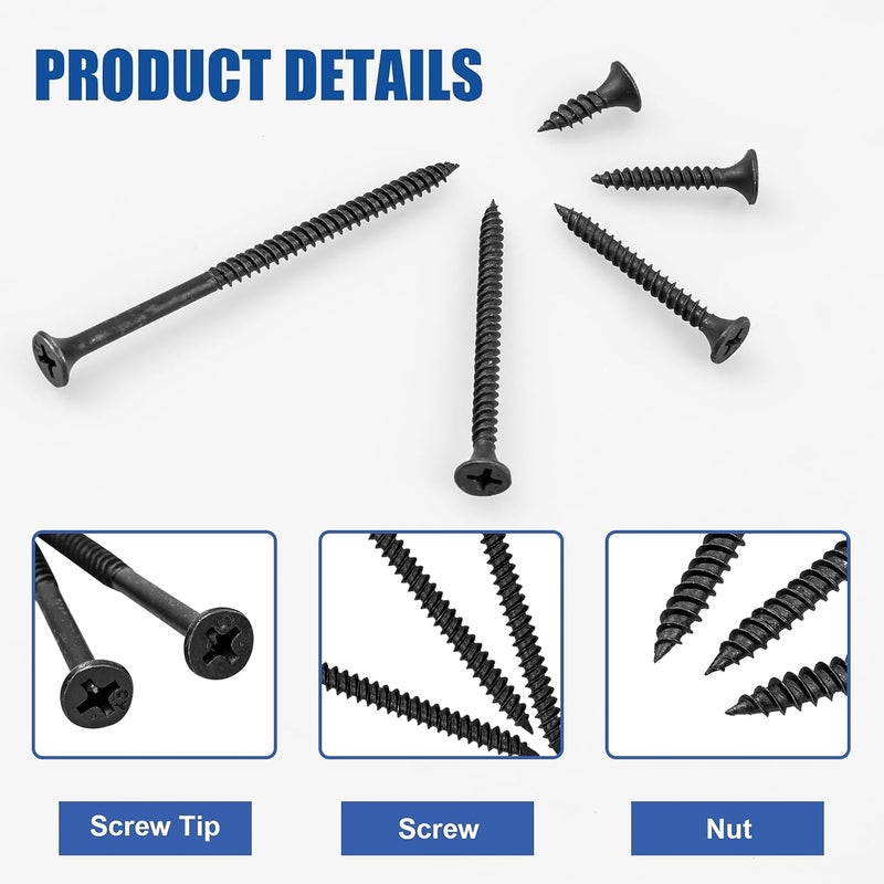 FVOLREM Wood Screws Assortment Kit, 168 PCS, High Hardness Phillips Drive Screws Set, Black Flat Head Wood Screws, Carbon Steel, 5 Sizes, Self-Tapping Screws for Wood, Drywall, Slate - Image 4