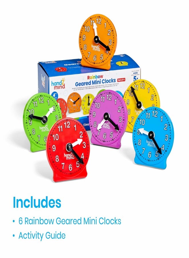 hand2mind Rainbow Geared Mini Learning Clock Set of 6, Analog Teaching Clocks for Kids, Movable Hands, Telling Time Math Manipulatives, Classroom School Homeschool Teaching Toy, Color Coded Gears - Image 2