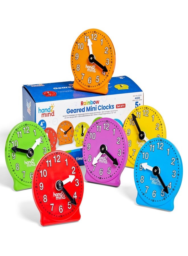 hand2mind Rainbow Geared Mini Learning Clock Set of 6, Analog Teaching Clocks for Kids, Movable Hands, Telling Time Math Manipulatives, Classroom School Homeschool Teaching Toy, Color Coded Gears - Image 1