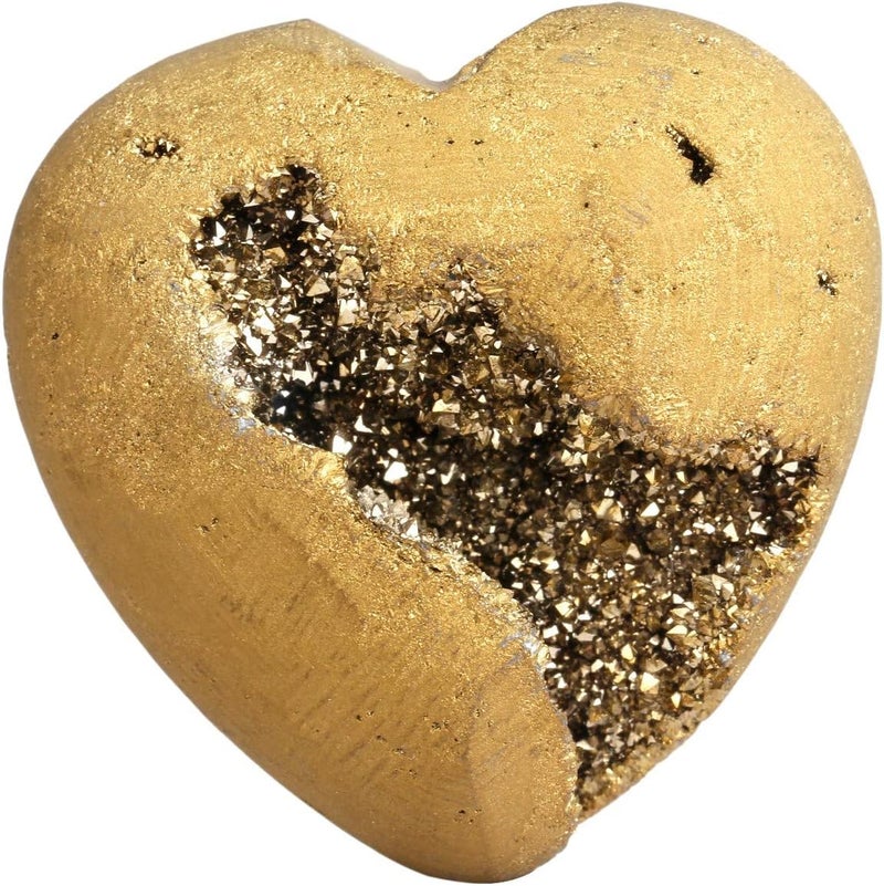 Rockcloud Heart Shape Titanium Coated Agate Geode Druzy Home Decoration Pocket Stones Specimen, Gold