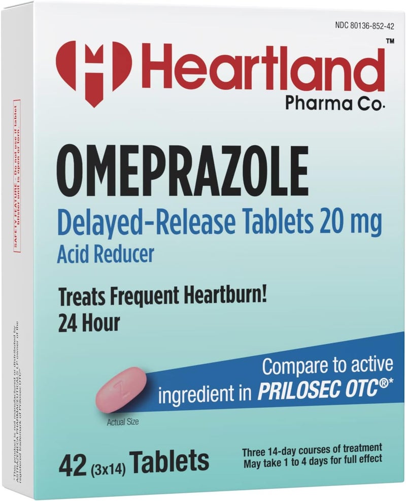 Heartland Pharma Omeprazole 20mg | Heartburn Relief Medicine | Delayed Release Acid Reducer Tablet | Antacid Tablets for Acid Reflux | 42 Count | 2-Pack 