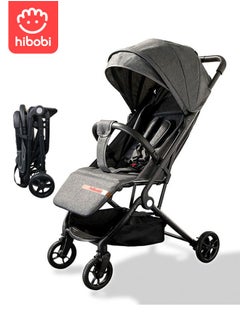 hibobi Portable Baby Stroller for Airplane, Lightweight Compact Travel Stroller, One-Hand Foldable Stroller with Adjustable Reclining Seat, Sun Canopy, and Safety Harness, Great for Ramadan Trips - Grey  - Image 1