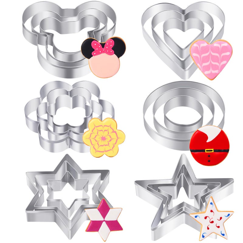 BakingWorld Metal Cookie Cutters Set 18 Pcs - 6 Shapes (Round, Heart, Star, Mouse, Hexagram, Flower) Stainless Steel Baking Tools for Cookies, Pastries, DIY Crafts, Holiday Decorations - Image 1
