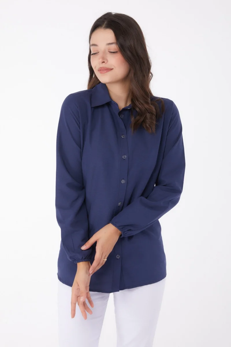 Tofisa Plain Shirt Collar Women's Navy Blue Shirt - 13249