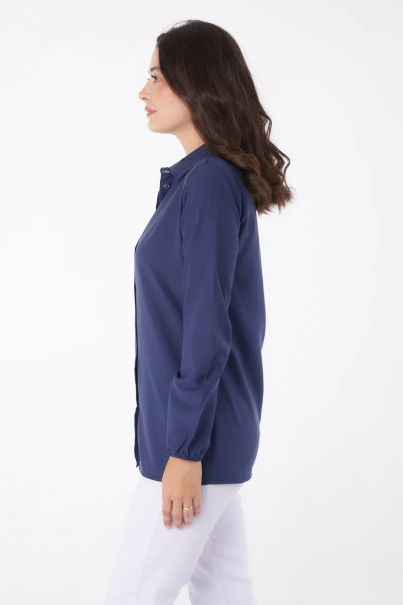 Tofisa Plain Shirt Collar Women's Navy Blue Shirt - 13249