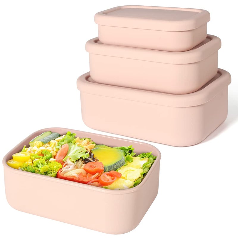 Keweis Silicone Food Storage Containers  Set of 3 Silicone Bento Lunch Box Containers with Lids  Hard-Shell Silicone  Airtight  Microwave  Dishwasher and Freezer Safe (10oz  23.6oz  44oz) - Image 1