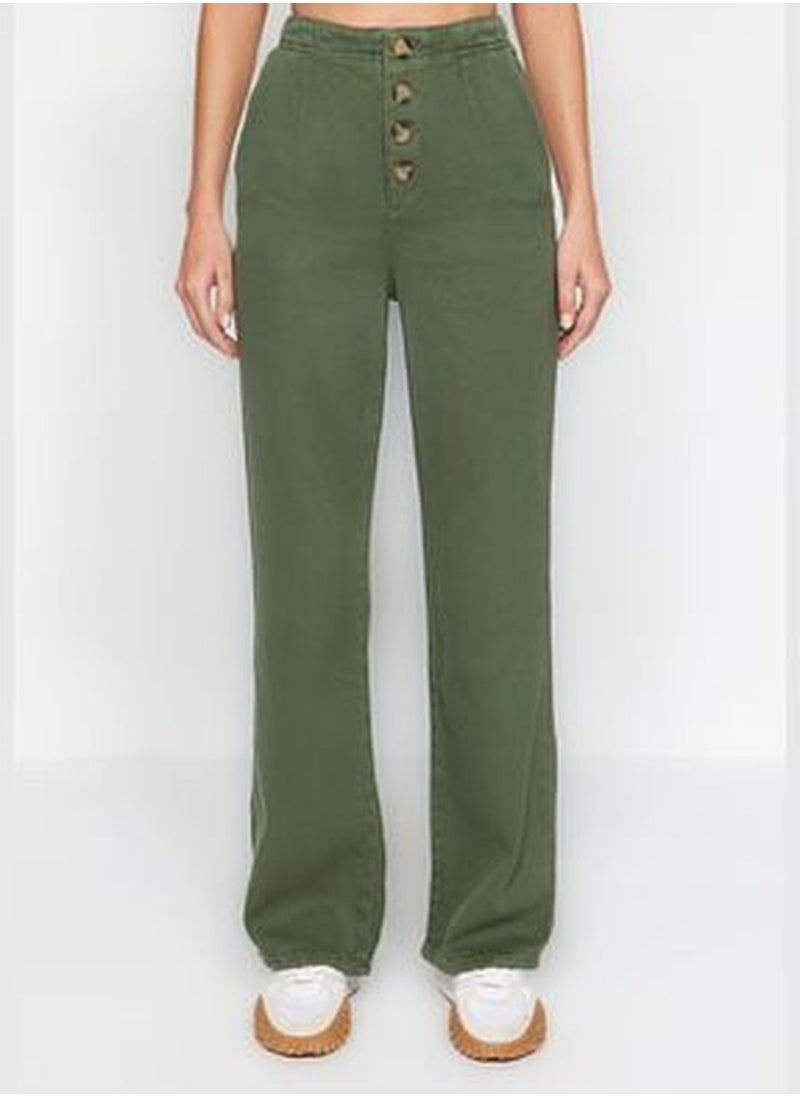 trendyol Khaki High Waist Wide Leg Jeans With Buttons In The Front TWOAW24JE00255  - Image 4