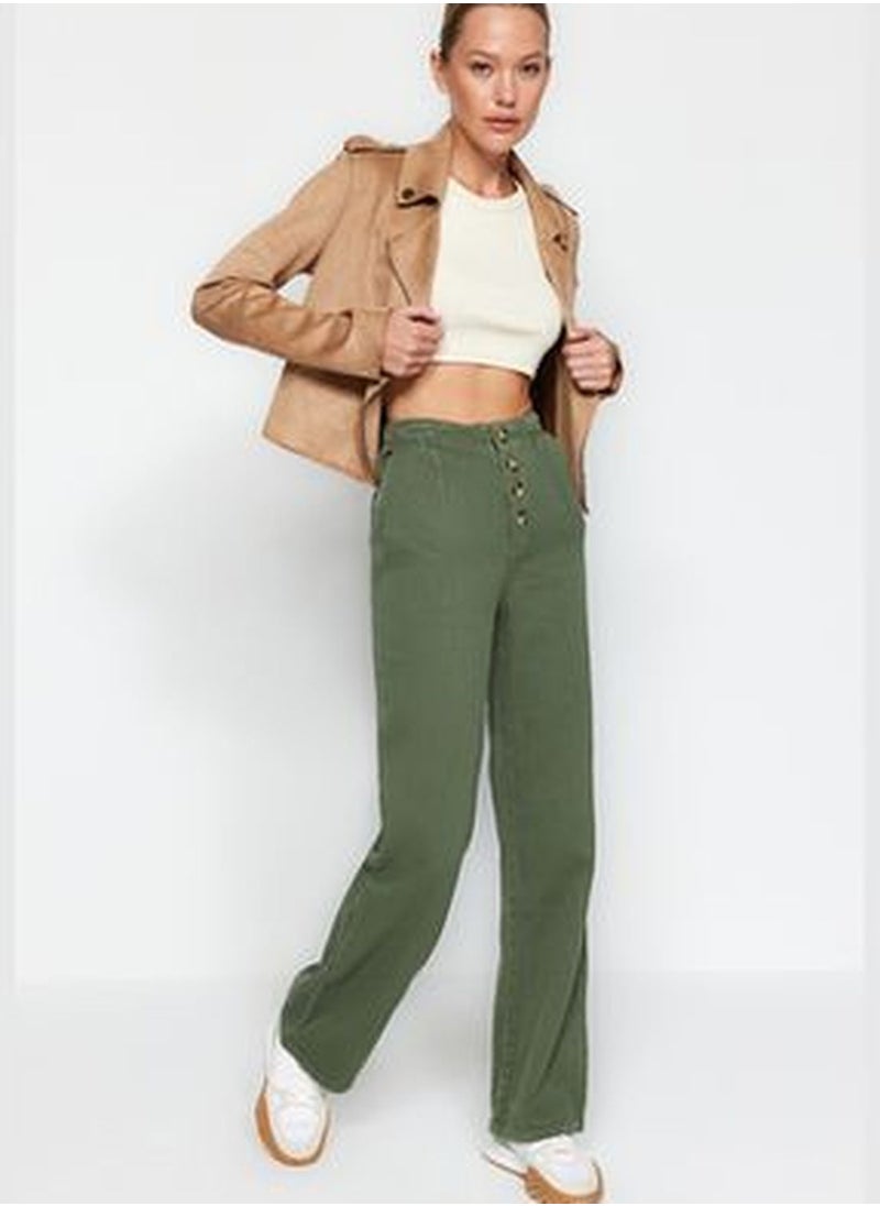 trendyol Khaki High Waist Wide Leg Jeans With Buttons In The Front TWOAW24JE00255  - Image 3