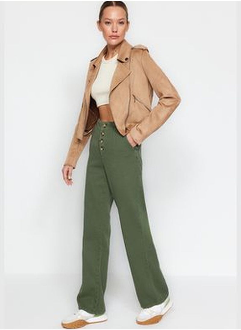 trendyol Khaki High Waist Wide Leg Jeans With Buttons In The Front TWOAW24JE00255  - Image 2