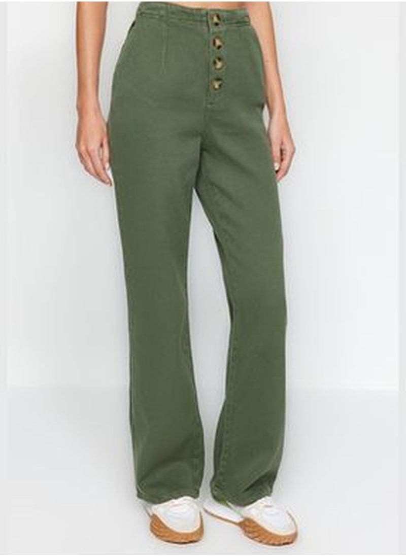 trendyol Khaki High Waist Wide Leg Jeans With Buttons In The Front TWOAW24JE00255  - Image 5