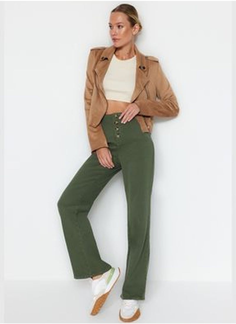 trendyol Khaki High Waist Wide Leg Jeans With Buttons In The Front TWOAW24JE00255  - Image 1