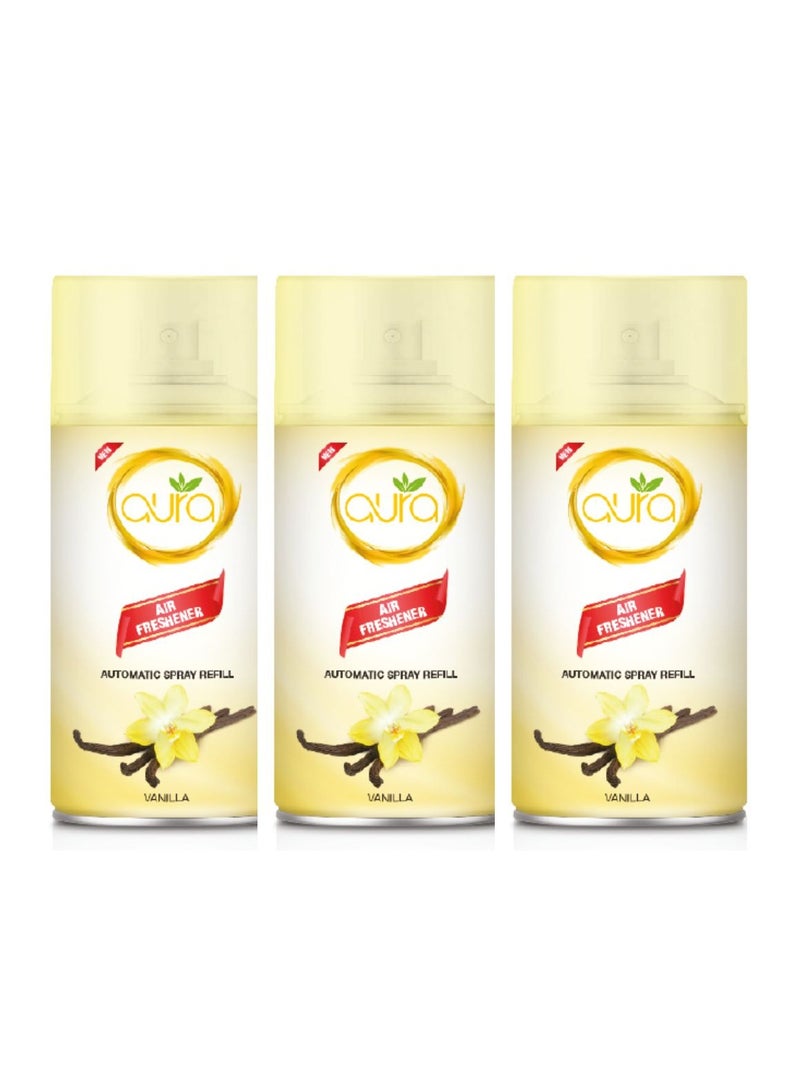 أورا معطر جو أورا بخاخ أوتوماتيكي برائحة الفانيليا - عبوة من 3 عبوات سعة 250 مل معطر جو يدوم طويلاً مصمم لإخفاء وإزالة الروائح الكريهة وتحديث الهواء - سهل الاستخدام - معطر جو للغرف - معطر جو للموزعات - بخاخ معطر جو للمنزل والمكتب والمطبخ والحمام - Image 1