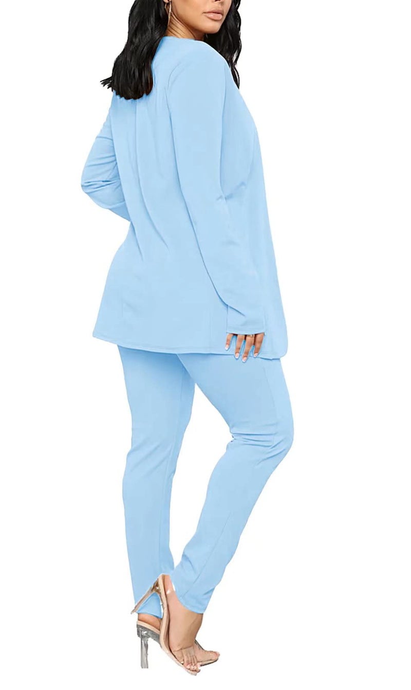 Aro Lora Women's 2 Piece Outfit Casual Solid Open Front Blazer and Pencil Pant Suits Set Large Sky Blue - Image 2