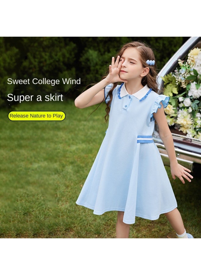 أبكيدس 【preppy Style Dress】 فستان بولو أطفال متوسط الحجم ياقة طالب صيفي للبنات للإجازات والنزهات - Image 3