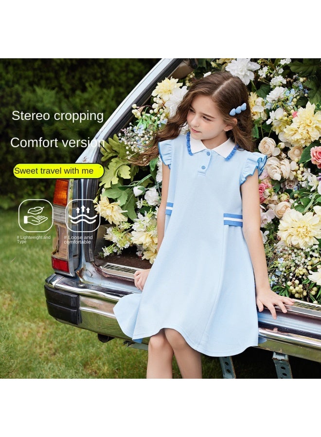 أبكيدس 【preppy Style Dress】 فستان بولو أطفال متوسط الحجم ياقة طالب صيفي للبنات للإجازات والنزهات - Image 4