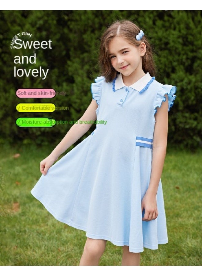 أبكيدس 【preppy Style Dress】 فستان بولو أطفال متوسط الحجم ياقة طالب صيفي للبنات للإجازات والنزهات - Image 1
