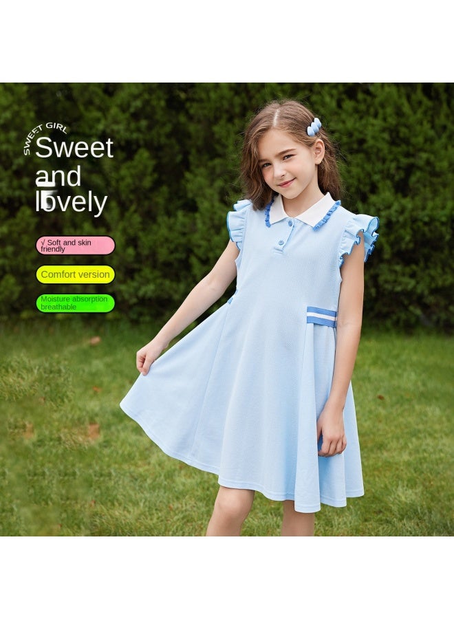أبكيدس 【preppy Style Dress】 فستان بولو أطفال متوسط الحجم ياقة طالب صيفي للبنات للإجازات والنزهات - Image 2