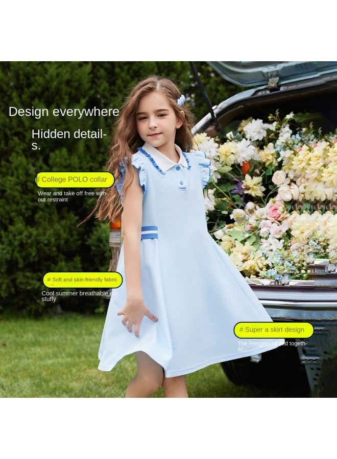 أبكيدس 【preppy Style Dress】 فستان بولو أطفال متوسط الحجم ياقة طالب صيفي للبنات للإجازات والنزهات - Image 5
