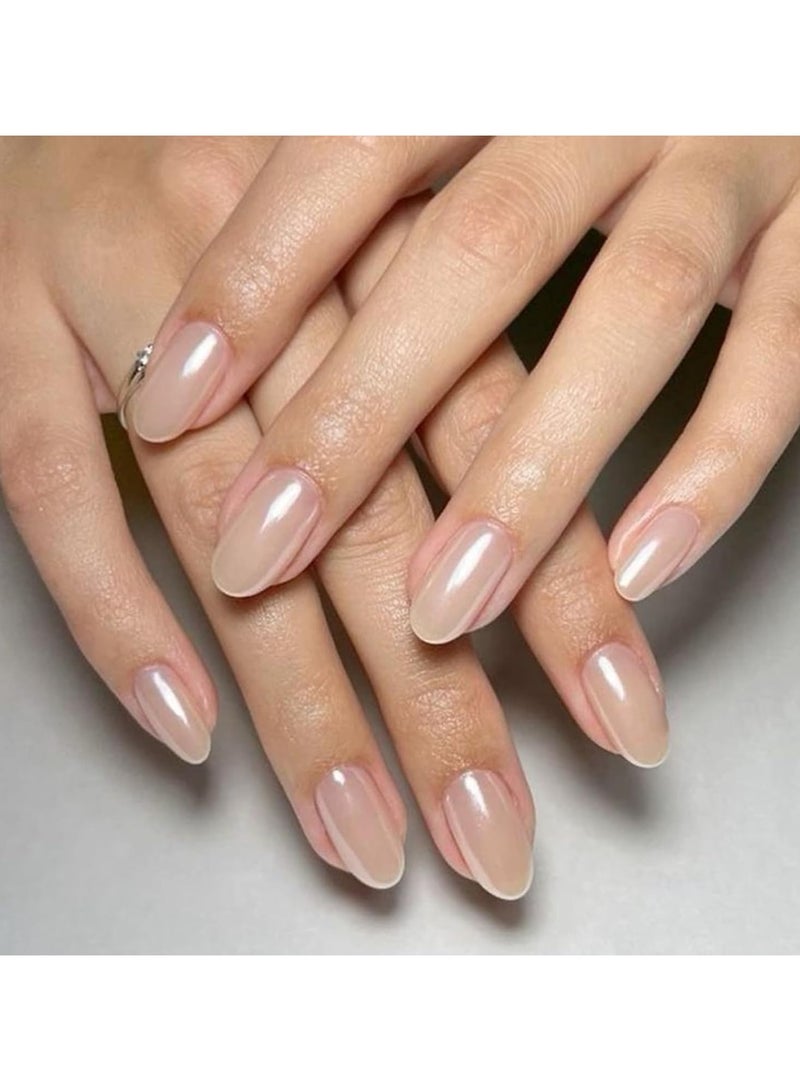 32Pcs Pearl Chrome Press on Nails Almond, Upgrade Short Almond False Nails, Reusable Nail Kit with Nail Glue Adhesive Tabs Mini Nail File, Nails Press Ons 16 Sizes - Image 1