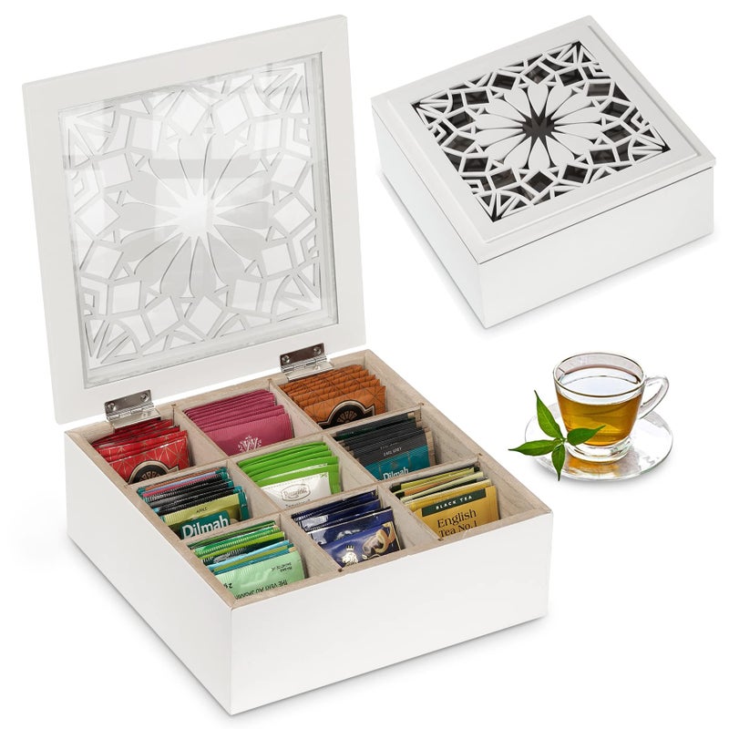 handrong handrong Tea Box Tea Bag Organizer Wooden Tea Bag Holder Modern Tea Chest with 9 Compartments and Glass Cover for Home Tea Parties and Gift 