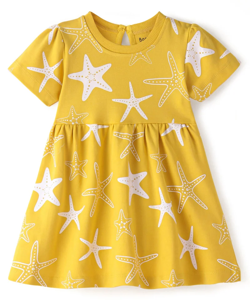 Bonfino Bonfino 100% Cotton Knit Half Sleeves Frock With Bloomer Star Fish Print - Yellow