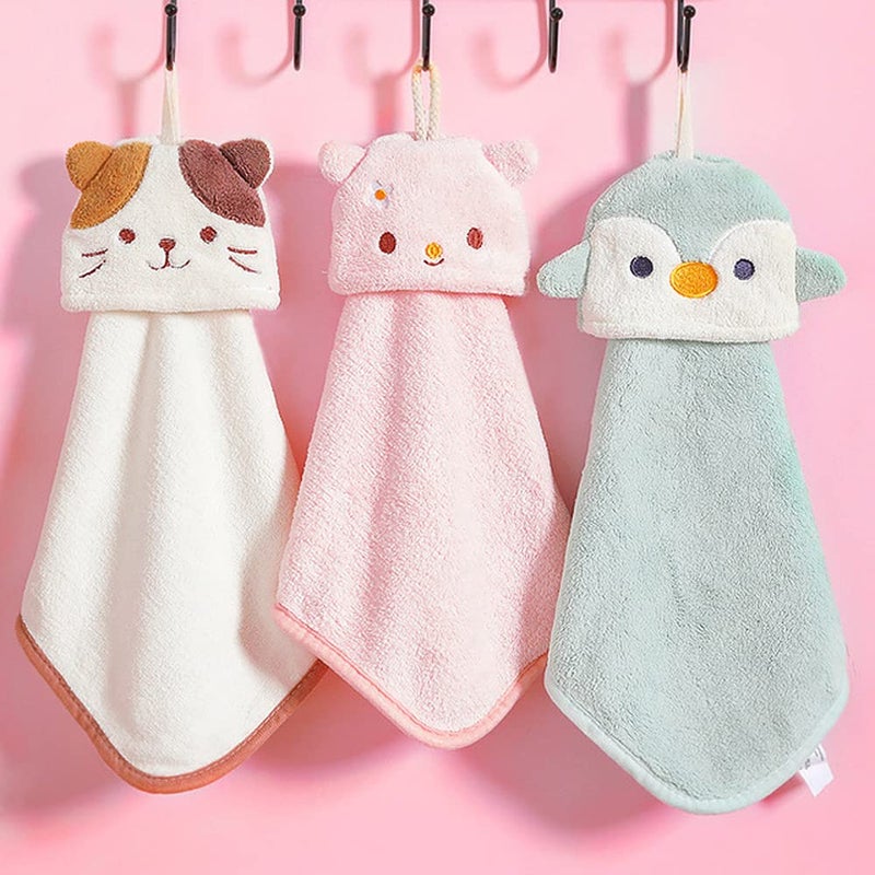 PRATIQUE 3 Pack Cute Hand Towels Bathroom Towels with Hanging Loop Children Hand Towel Animals Microfiber Coral Fleece Absorbent Hand Towel for Kitchen Bathroom Bedroom 3pcs