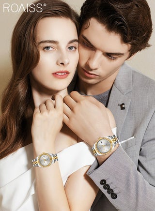 Stainless Steel Strap Couple Quartz Watch Set, Analog Display Round Dial with Rhinestones Decoration, Luxurious Luminous Waterproof Calendar Watch Gift for Men Women - view 2