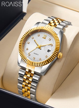 Stainless Steel Strap Couple Quartz Watch Set, Analog Display Round Dial with Rhinestones Decoration, Luxurious Luminous Waterproof Calendar Watch Gift for Men Women - view 3