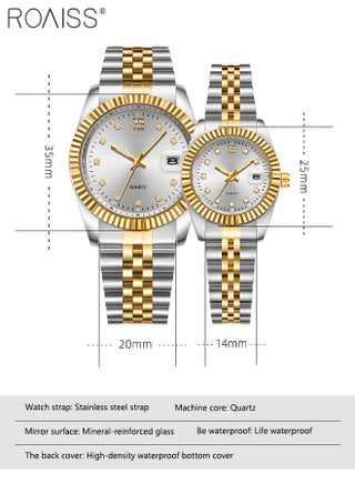 Stainless Steel Strap Couple Quartz Watch Set, Analog Display Round Dial with Rhinestones Decoration, Luxurious Luminous Waterproof Calendar Watch Gift for Men Women - view 4