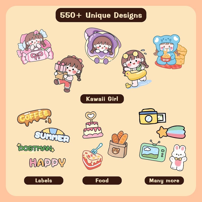 CodersParadise - 550 Vibrant Kawaii Girls Journal Stickers, 6 Colour Designs and Patterns Vintage Retro Stickers for Journal, Scrapbooking, Projects Multicolour - Image 2