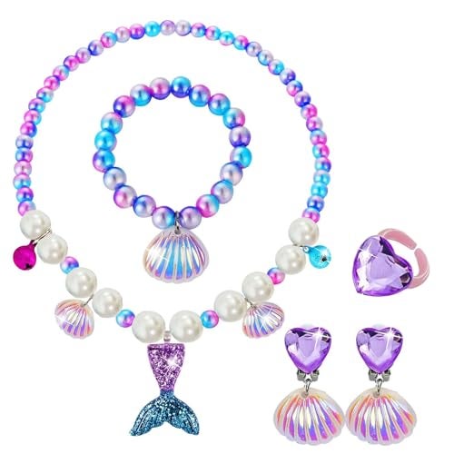 DkakoJew Jewelry Set For Girls Necklace Bracelet Earring ring Set Mermaid Necklace For Girls Jewelry Set Halloween Christmas Birthday Gift - Image 1