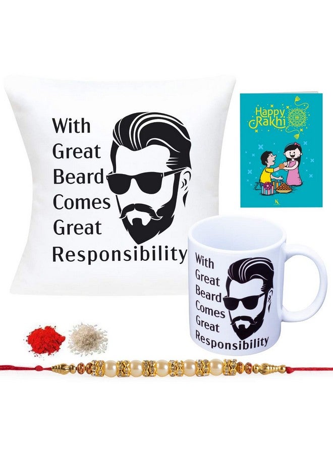 Kaameri Bazaar Rakshabandhan Rakhi Gifts for Brother, with great beard comes great responsibility Quote Printed Cushion 12"x12" with Filler, Mug 330 ml, Crystal Rakhi, Roli & Greeting Card - Image 1