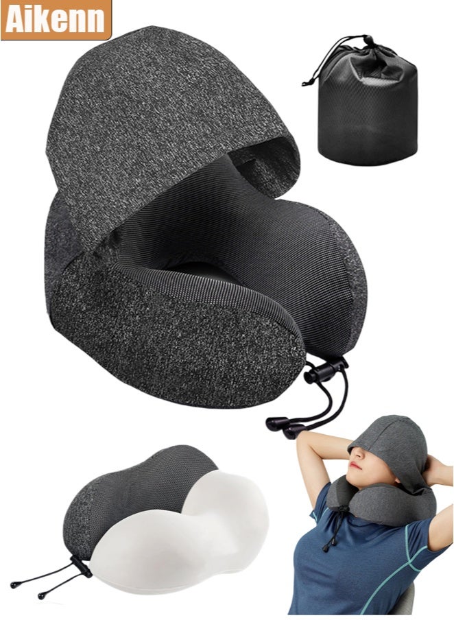 Aikenn Memory Foam Hooded Neck Pillow U-Shaped Velvet Travel Cushion for Adult Head and Neck Support Suitable for Airplane Long-Distance Flight Car Office Rest Sleep Dark Gray - Image 1