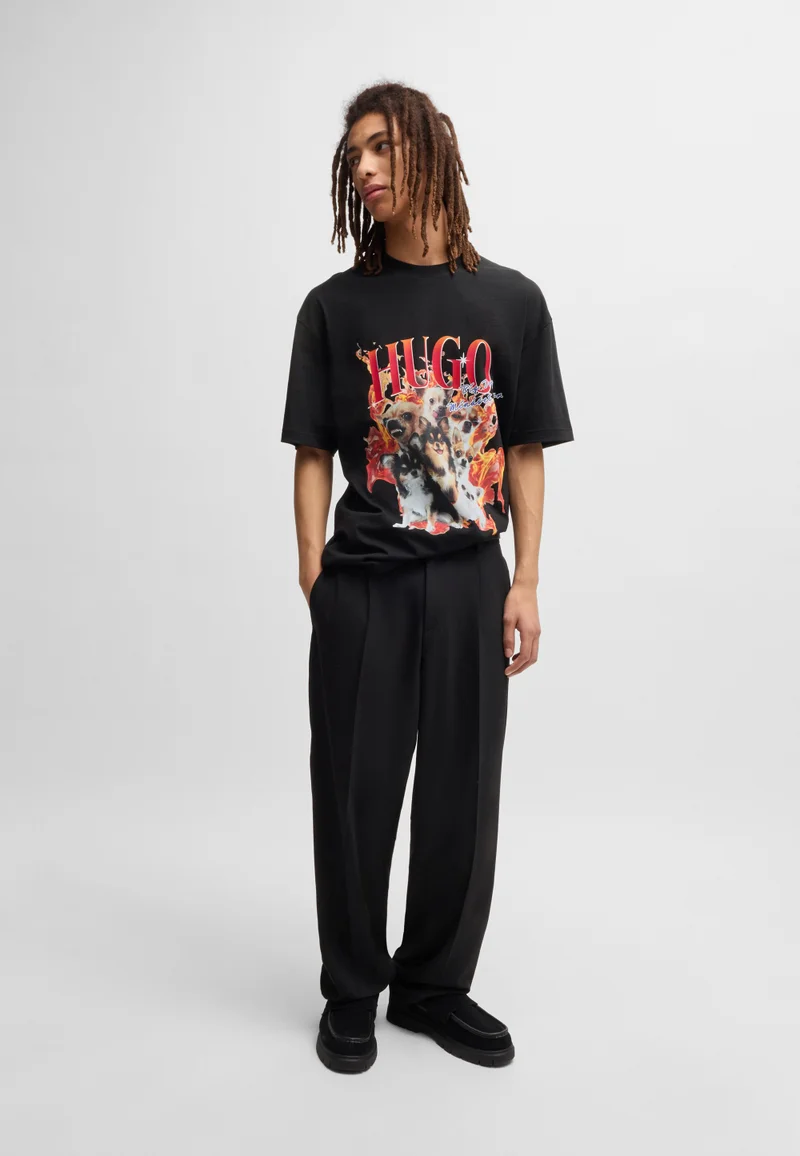 HUGO Oversized-fit T-shirt in cotton with dog graphics