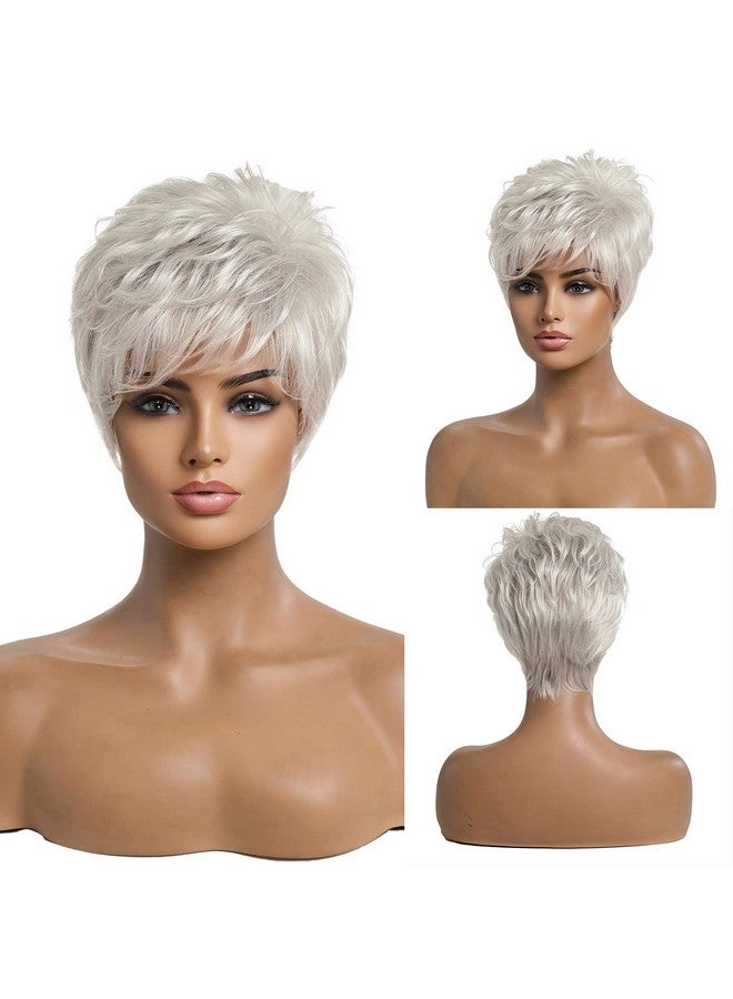 EMMOR Short Silver Grey Human Hair Wigs For Women Blend Pixie Cut Wig With Bangnatural Daily Use Hair (Color 101) - Image 3