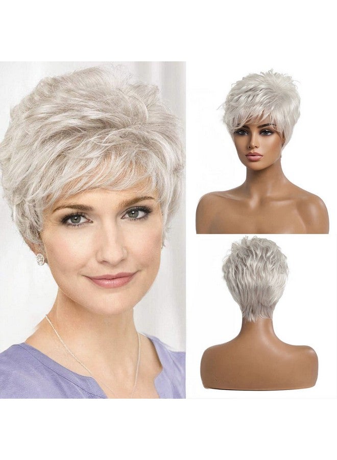 EMMOR Short Silver Grey Human Hair Wigs For Women Blend Pixie Cut Wig With Bangnatural Daily Use Hair (Color 101) - Image 1