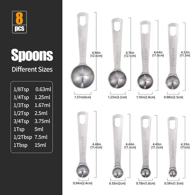 Doosu Measuring Spoons Set of 8-18/8 Stainless Steel Heavy Duty Teaspoons Tablespoons with Engraved Metric & US Measurements, Metal Measure Spoon for Dry and Liquid Ingredients, Dishwasher Safe - Image 2