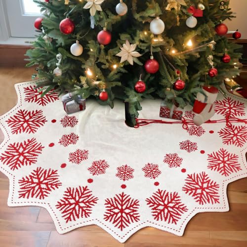 Boao Snowflake Christmas Tree Skirt 48 Inch Knitted DoubleSided Wavy Edged Christmas Tree Skirt with Red White Snowflake Rustic for Xmas Trees Party Holiday Decoration - Image 3