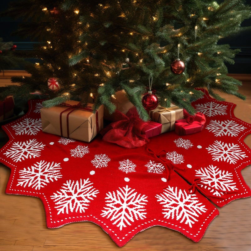 Boao Snowflake Christmas Tree Skirt 48 Inch Knitted DoubleSided Wavy Edged Christmas Tree Skirt with Red White Snowflake Rustic for Xmas Trees Party Holiday Decoration - Image 2