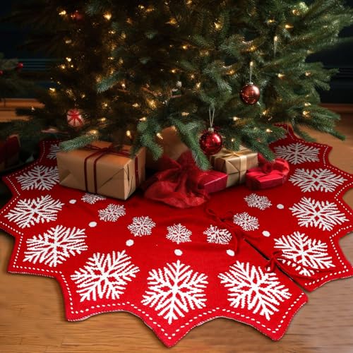 Boao Snowflake Christmas Tree Skirt 48 Inch Knitted DoubleSided Wavy Edged Christmas Tree Skirt with Red White Snowflake Rustic for Xmas Trees Party Holiday Decoration - Image 1