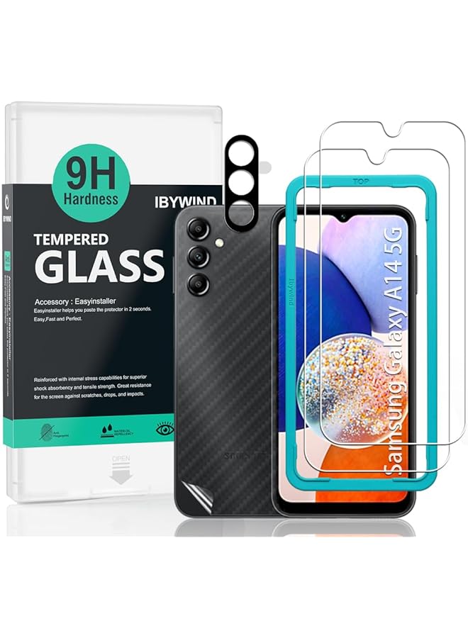 Ibywind Screen Protector For Samsung Galaxy A14 5G(6.6 Inches),With 2Pcs Tempered Glass,1Pc Camera Lens Protector,1Pc Backing Carbon Fiber Film[Fingerprint Reader,Easy To Install]