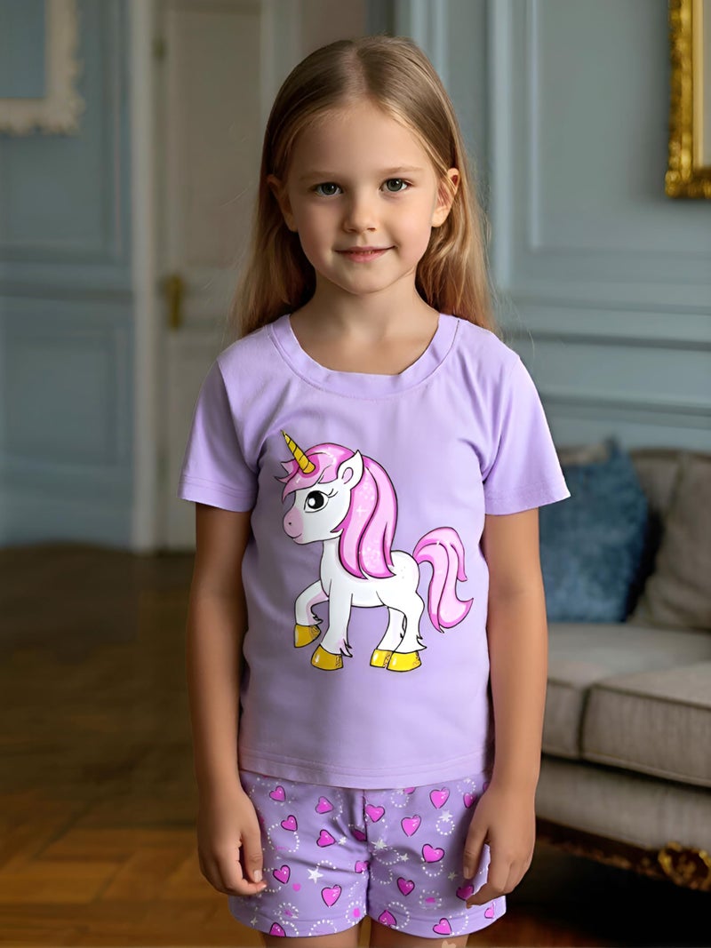 CM-Kid Little Girls Summer Pajamas Unicorn Short Sleeve 100% Cotton Sleepwear 2 Pieces Toddler Pjs Children Clothes Kids Jammies Sets Size 3T - Image 2