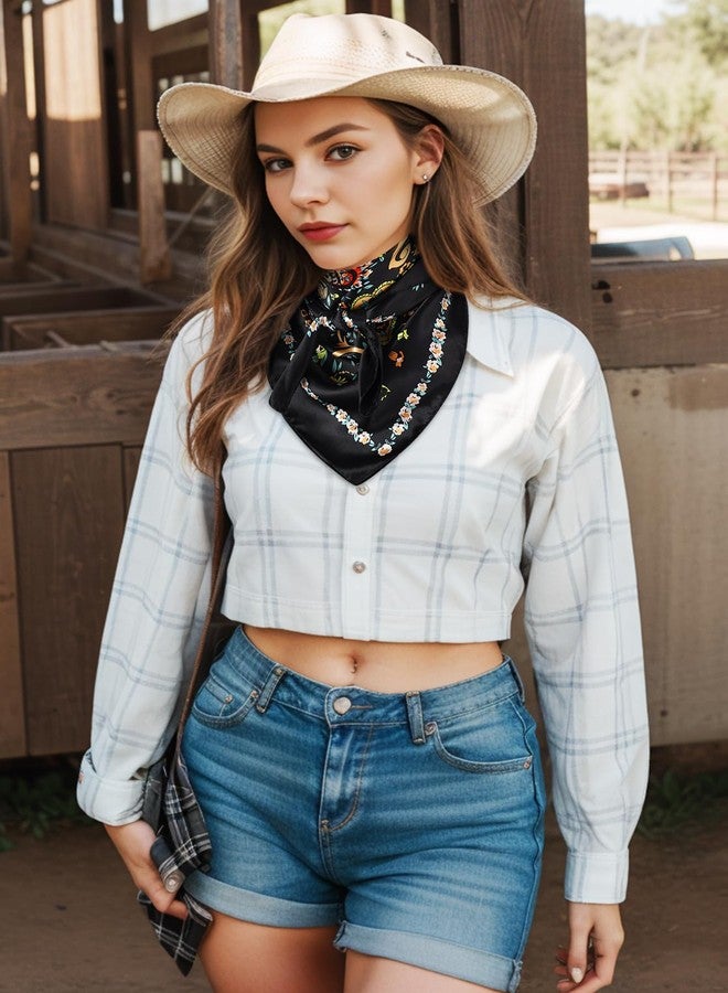 GERINLY Boho Wild Rag Silk Feel, Western Neckerchief with Paisley, Cowgirl Scarves Wildflower Print (Black) - Image 3