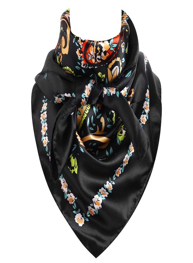 GERINLY Boho Wild Rag Silk Feel, Western Neckerchief with Paisley, Cowgirl Scarves Wildflower Print (Black) - Image 1