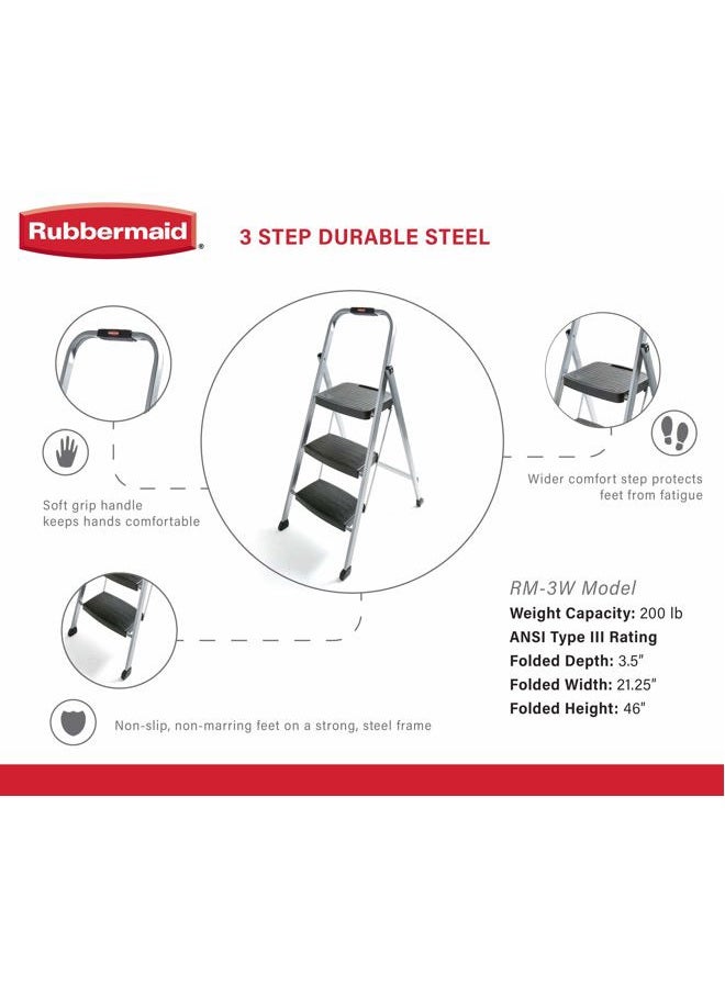 Rubbermaid سلم معدني قابل للطي RM-3W 3 خطوات مع مقبض يد، سعة 200 رطل، فضي - Image 2