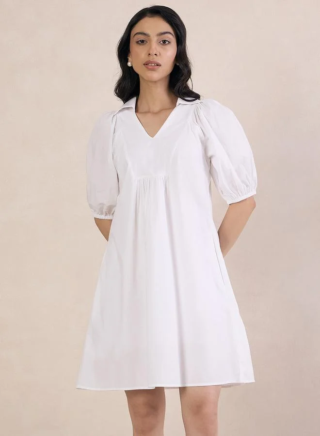 White Poplin V-Neck A-Line Mini Dress